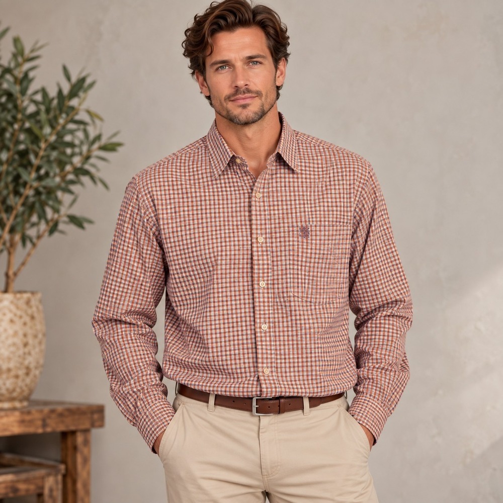 Peter Millar Mens Large Gingham Check Button Down Shirt Orange Purple Cotton